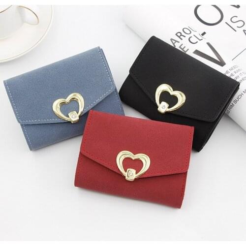 Women Love Heart Metal Buckle Wallet Small Three Fold Frosted Coin Purse Multiple Credit Card Holders Fashion Solid Color Ladies