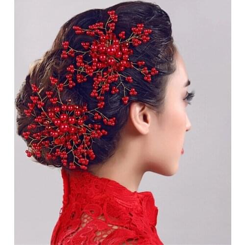 New Wedding Brides Handmade Beaded Hair Comb Imitation Pearl Flower Hair Ornament Red Rose Hair Fork Wedding Accessories 2021