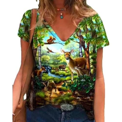 2021 New Women Funny T Shirt 3D Cartoon Animals Print Tee Casual Short Sleeve V-Neck Street Hipster Tops Summer Loose Ladies Top