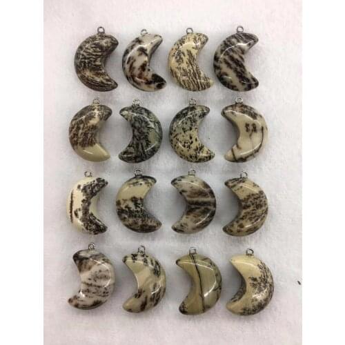 Wholesale 10pcs/Pack Natural Dendritic Jaspers Bead Pendant,Moon Shape Gem Stone Jewelry Necklace DIY,30x12mm
