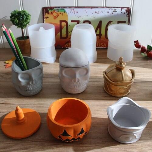 Diy Crystal Epoxy Mould Storage Box Pumpkin Skull Cement Concrete Mold Aromatherapy Gypsum Diffuser Stone Silicone Mold