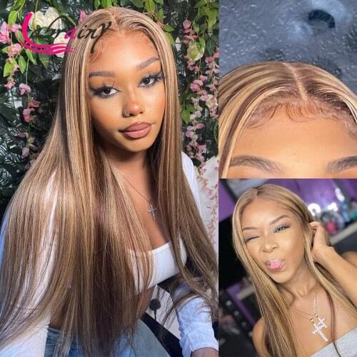 Straight Honey Blonde Color Lace Front Wig Pre Plucked With Baby Hair Highlight Human Hiar Wig HD Transparent Lace Frontal Wig