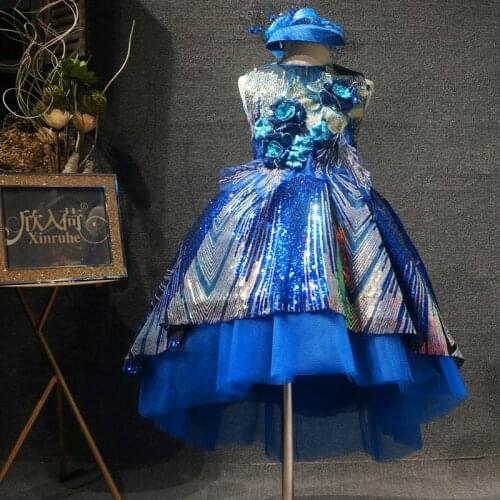 Real Picture Sleeveless Royal Blue Silver Girls Birthday Party Celebration Dresses Princess Ball Gowns With Free Hat