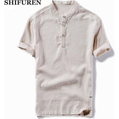 SHIFUREN Summer Breathable Men Thin Cotton Linen Shirts Short Sleeve Chinese Mandarin Collar Causal Male Dress Shirts Size M-4XL
