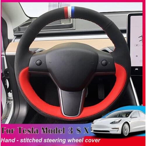 Hand-stitched Steering Wheel Cover Stitch on Wrap Cover Fit For Tesla Modle3 Model X Model S