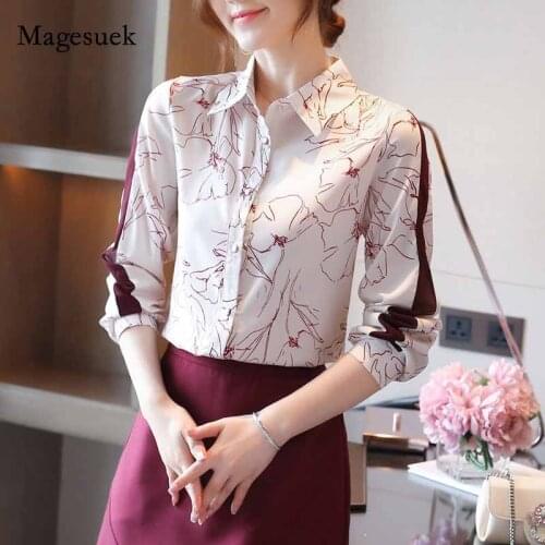 Loose Elegant Korean Style Womens Lapel Chiffon Blouse Cardigan Overalls for Women Long Sleeve Printed Womans Shirts 10841
