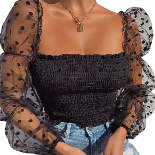 Women Spring Summer Fashion Sexy Mesh Sheer Polka Dot Puff Long Sleeve Tops Pullover Square Neck T Shirts Casual Party Club