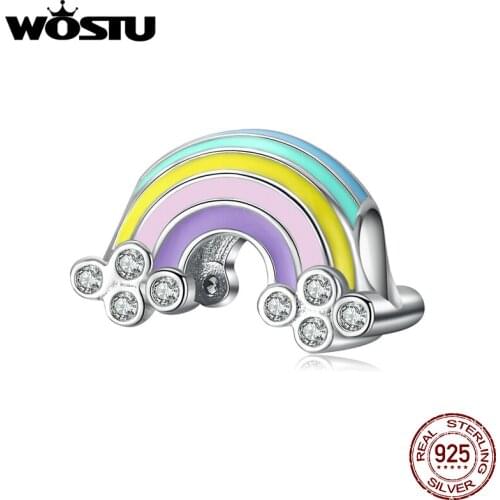 WOSTU Genuine 925 Sterling Silver Rainbow Lucky Beads Zircon Colorful Charm Fit Original Bracelet Pendant 925 Jewelry DXC1425