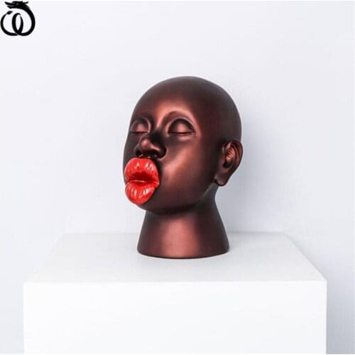 WU CHEN LONG European Abstract Flame Red Lip Africa Girl Art Sculpture Head Portraits Statue Resin Craft Home Decoration R6827