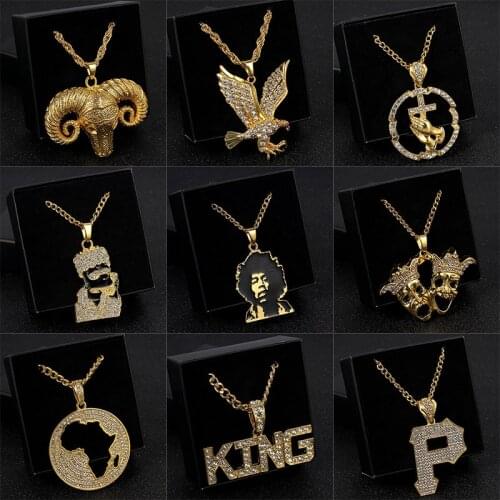 2020 Hip Hop Jewelry Fashion Gold Long Chain Necklaces Women Men Statement Letter Eagle Prayer Gesture Map Pendant Necklace