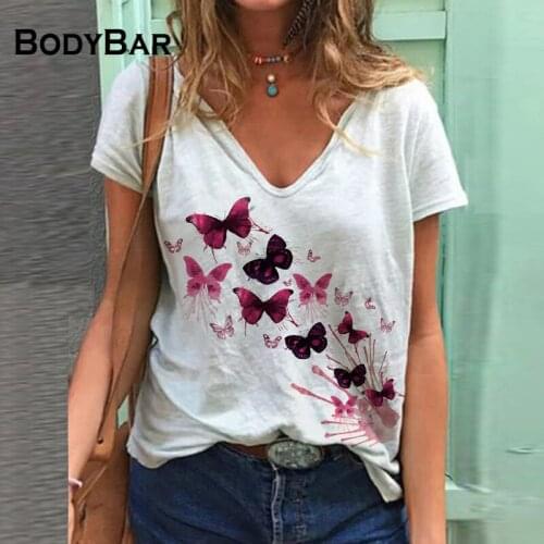 Female Butterfly T-shirt Summer Harajuku Top Leisure Insect Animal Printed V Neck Large Size Short Sleeve T Shirts 2021 Lady Tee