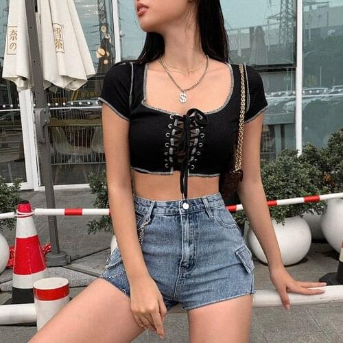 Ladies Summer Hollow Tie Slim T-Shirt, Casual Color Block Short Sleeve Round Neck Bandage Top Short Sleeve