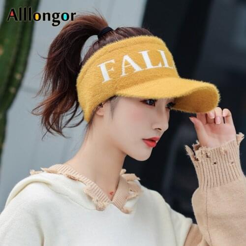 New Fashion 2020 Autumn Winter Sun Visor Hat Women Faux Fur Wool letter knitted Sport baseball Cap Visors For Running