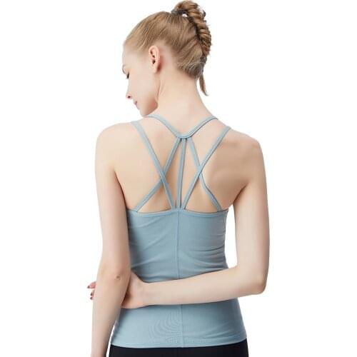 Yoga Women Vest Top For Fitness Padded Nylon Solid Cross Straps Slim Sport Underwear Running Gym Workout Sleeveless Shirts