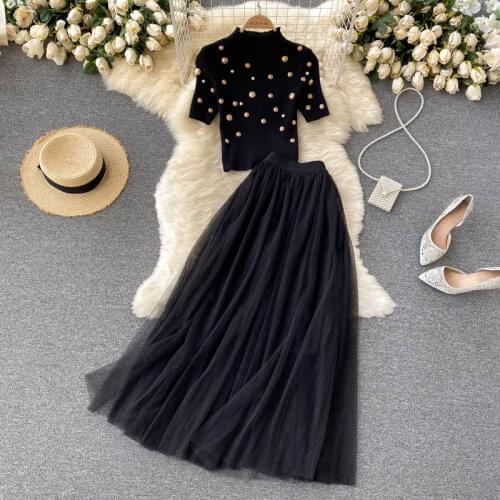 Womens Spring Autumn Runway Fashion Elastic Knitted Beaded Top 2 pcs Mesh Dress Female Chic Travel Beach Party Dress TB140
