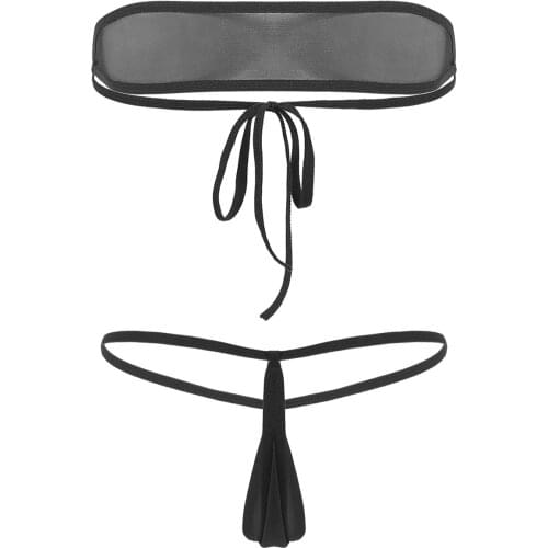 2Pcs Womens Erotic Bikini Outfits Micro Mini Sheer Mesh Lingerie Set Strapless Tie-on Tube Bra Top with Thong G-String Briefs