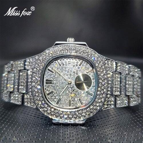 MISSFOX Ice Out Square Watch Men Luxurious Bling Bling Diamond Double Dial Original Design Watches Work By Battery Wholesale