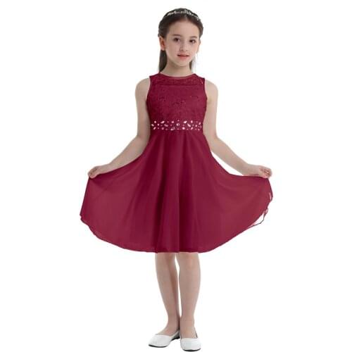 Girls Sequined Lace Chiffon Sleeveless Dress Princess Pageant Wedding Bridesmaid Birthday Party Dress Ballet Performance Costume