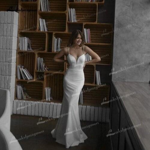 Elegant Soft Satin Sheath Wedding Dresses Sexy Deep V-Neck Spaghetti Straps Sleeveless Open Back Sweep/Brush Train Bride Gowns