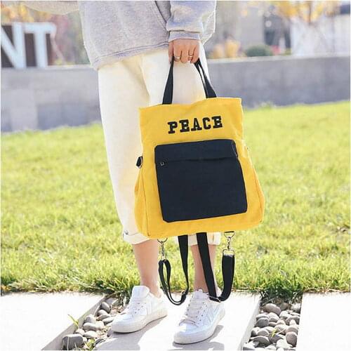 W731 KANDRA Embroidery Letter Peace Canvas Tote Bag Versatile Women Canvas Backpack Fold Student Crossbody Bag Girls Purse Bags