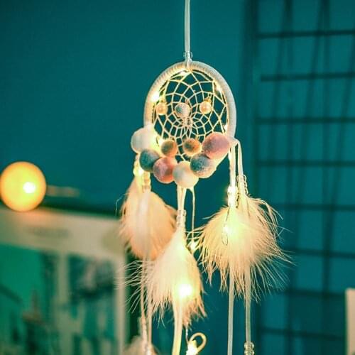 Handmade Ball Beads Feather Dream Catcher Night Light Girl Bedroom Decoration