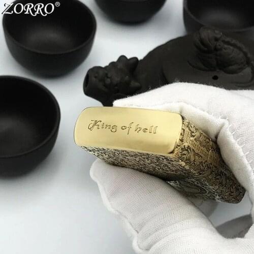 Zorro Kerosene Lighter Pure Copper Brass Carving Praise Song Classic Pattern Gasoline Lighter Men Gift Outside Tool