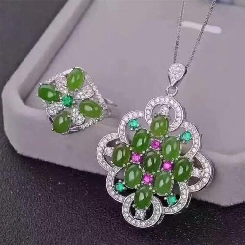 KJJEAXCMY boutique jewels 925 sterling silver and natural hetian jasper ring + necklace + pendant set silk spider jewelry mnjh