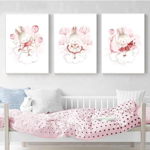 Cute Rabbit Clouds Flowers Animals Canvas Painting Nursery Poster Wall Art Print Cartoon Pictures for Baby Girls Room Decoration