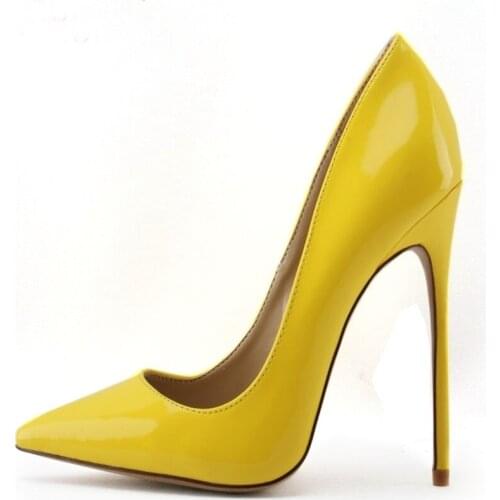 Fashion Yellow Color Popular Woman Pointed Toe Pumps Shallow Thin High Heels 12CM Or 10CM Big Size Woman Stilletos Party Shoes