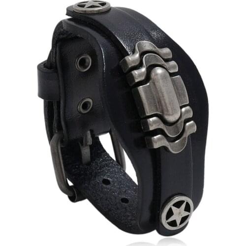 Fashion Punk Rock Black Brown Genuine Leather Cuff Bracelet Retro Star Beads Charm Bangle Wrap Wristbands Casual Vintage Jewelry