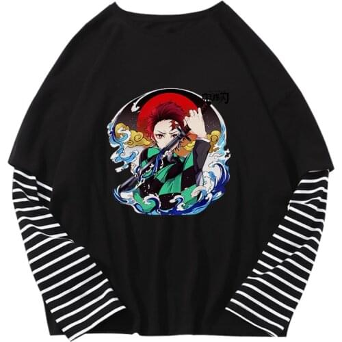 Demon Slayer Kimetsu no Yaiba False Two Pieces Tee T Shirt Men Women Harajuku Long Sleeve Cool Streetwear T-shirt Unisex Tops