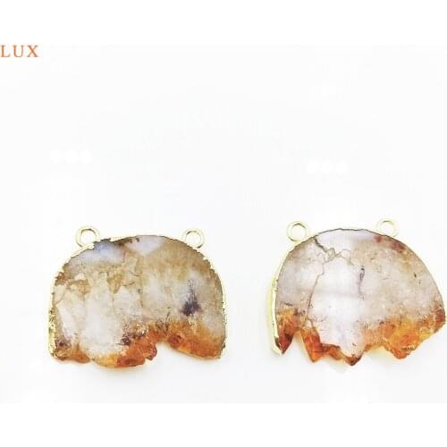 Natural Gems drusy pendant Crystal quartz half Round Connector Raw Citrines druzy Slice Charm for Jewelry DIY making