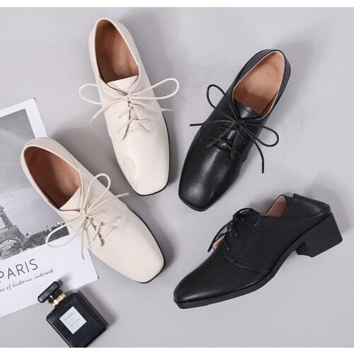 2021 new coarse single shoes womens middle heel square work lace up leather shoes womens black British style womens shoes