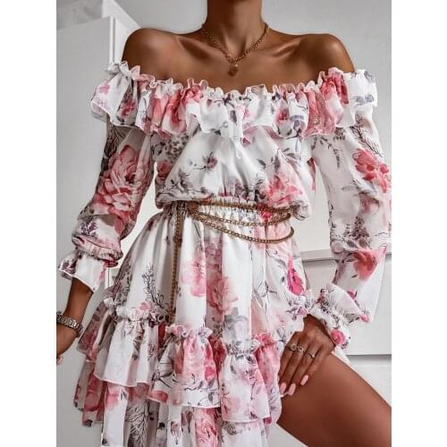 Autumn Ruffles Off Shoulder Print Dress 2021 Women Chiffon Floral Slash Neck Long Sleeve Dress Female Short A Line Party Dress
