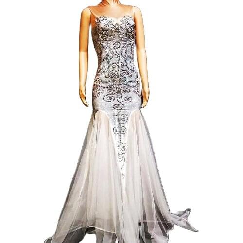 Sparkling Sleeveless Long Mermaid Mesh Dress Wedding Celebrate Women Dress Nightclub Singer Show Performance Costume