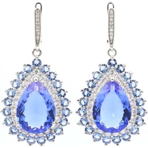 47x10mm Stunning Created Rich Blue Violet Tanzanite White CZ Womans 2020 Silver Earrings