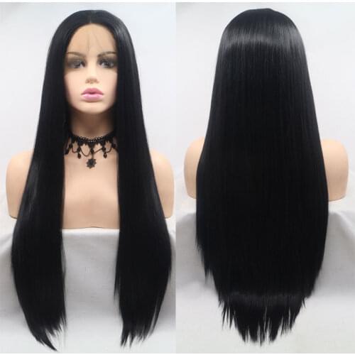 Silky Straight Natural Black Heat Resistant Fiber Synthetic Lace Front Wig Gluless Hand Tied Middle Parting Hair For Women Wigs