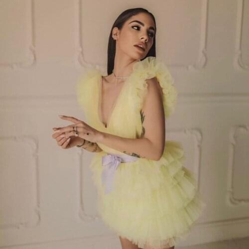 Light Yellow Casual Women Dress Deep V-Neck Tulle Mini Dress Ruffle Layered Summer Short Dresses Plus Size Custom Made