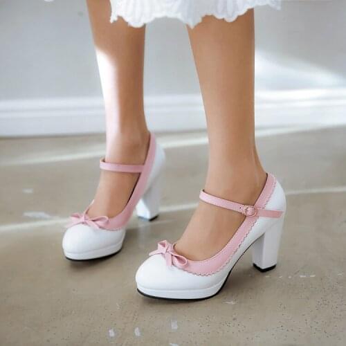 Big Size ladies high heels women shoes woman pumps Sweet bow-tied shoes with thick heels