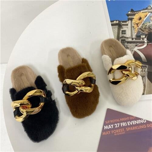 Fall New Style Leather Fur Metal Buckle Muller Shoes Womens Shoes Mink Fur Loafers Women Furry Slippers Fluffy Baotou Slippers