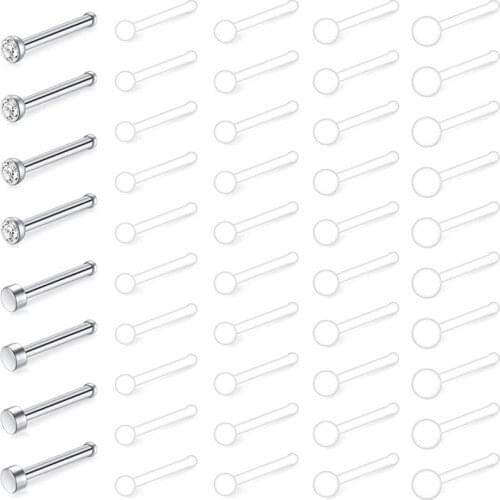 20G 48Pcs Clear Bioflex Nose Bone Stud Screw Stainless Steel CZ Nose Piercing Retainer Body Jewelry Piercing Ball Top