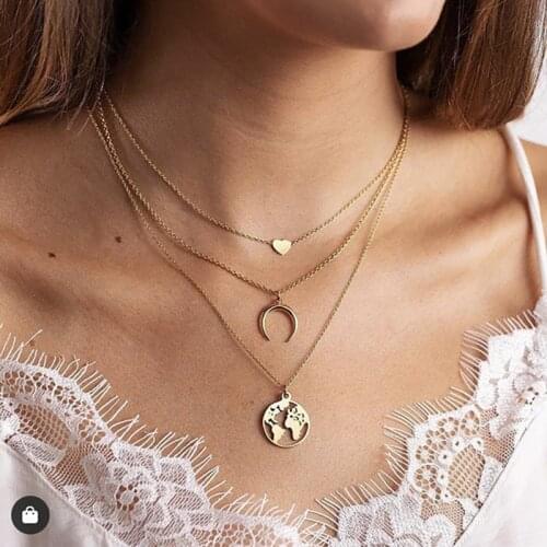 Vintage layered necklace heart moon map Pendant Jewelry aesthetic accesories for girls chain on neck Gifts clothing women Chains