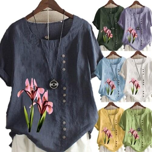 Womens Fashion Linen Shirt Flower Printed T-shirt Summer Short Sleeve Tops O-neck Loose Blouse S-5XL