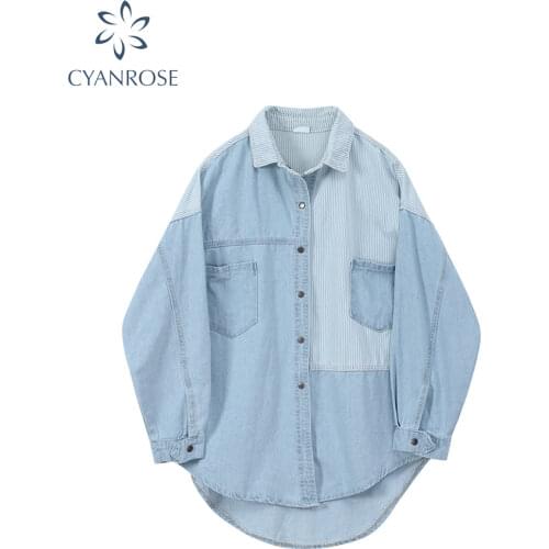 Irregular Spliced Denim Shirt Coat Women Long Sleeve Pocket Cardigan Streetwear BF Jean Jacket Y2K Harajuku Cowboy Outwear Tops