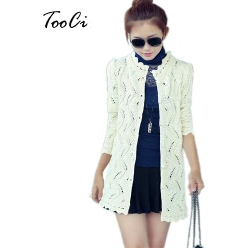 Women Long Cardigan Beige Female O-Neck Solid Hollow Coat Knitted Sweater Women Jacket Tops For Spring