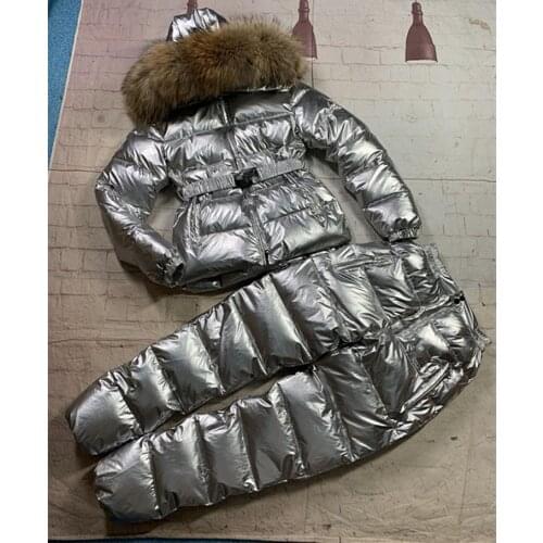 Customized super real fur 2020 Winter jacket+pant women white duck down jackets Womens ski suit down jacket suit outerwear