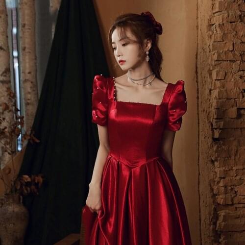 Bride Banquet Elegant Satin Backless Prom Formal Dresses Burgundy Long Evening Dress