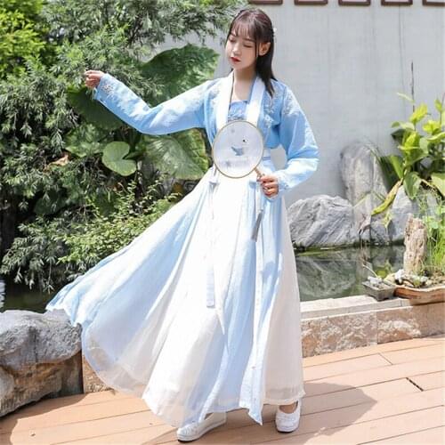 Hanfu female daily adult Chinese style embroidery fresh 3PCs traditional and elegant kimono robe vestidos orientales ханьфу