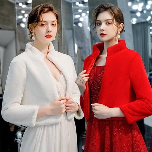 Women Winter Fuzzy Plush Wedding Jacket Bride Warm Shawl Wrap Bolero 3/5 Sleeves Open Front Solid Shrug Evening Cape