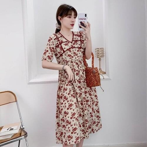 26487# Maternity Clothes Summer V Neck Cotton Short Sleeves Loose Stylish Dress Pregnant Women Mom Dress